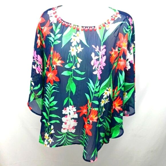 Ruby Road Sheer Tropical Blouse with Dolman Sleeves Beaded Scoop Neck Medium - Picture 1 of 6